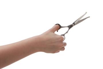 Woman with scissors for pet grooming on white background, closeup