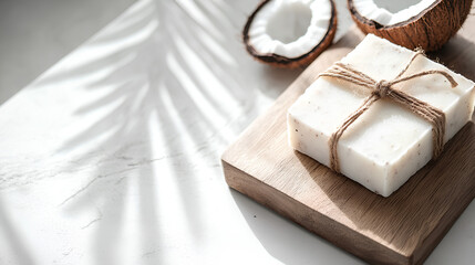 Handmade coconut soap bars tied with twine on a wooden board, surrounded by fresh coconut pieces in soft natural light