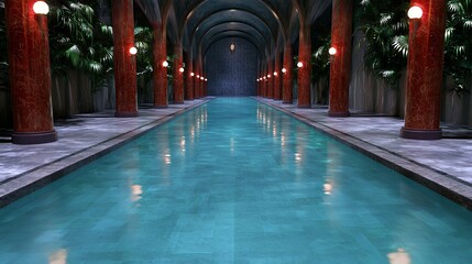 Obraz premium Teal Indoor Swimming Pool in an Elegant Arched Hallway
