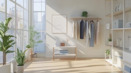 Bright Minimalist Apartment Interior Design with Modern Closet and Sunlight