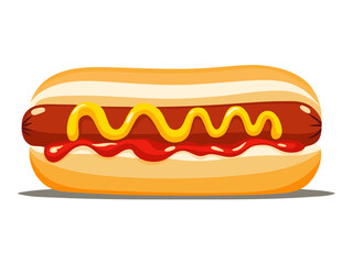 Illustration of a hot dog with ketchup and mustard on a bun. Perfect for culinary, fast-food, and picnic-related themes.