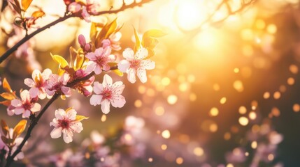 Beautiful cherry blossom branches shining under warm spring sunlight at golden hour