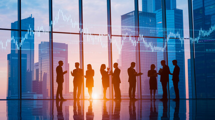 Silhouettes of businesspeople conversing against a cityscape backdrop, with overlaid stock market graphs, showcasing collaboration, financial analysis, and urban business environments