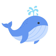 Cute Blue Whale Cartoon with Water Spout and Smiling Face