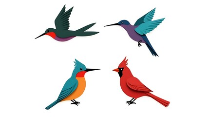 Naklejka premium Four stylized birds in a layered paper-cut style: a green-red swallow, a teal-purple hummingbird, a blue-orange kingfisher, and a red cardinal, set in a grid layout.