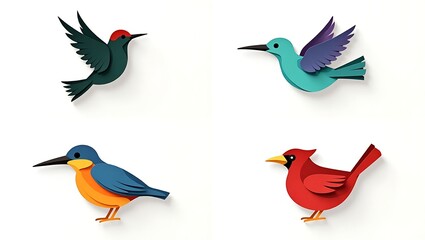 Obraz premium Four stylized birds in a layered paper-cut style: a green-red swallow, a teal-purple hummingbird, a blue-orange kingfisher, and a red cardinal, set in a grid layout.