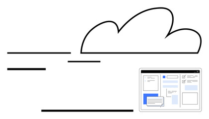 Cloud outline with motion lines above a document-sharing interface screen. Ideal for teamwork, productivity, innovation, technology, networking, digital services, file sharing. Flat simple metaphor