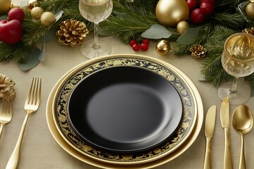 Table setting showcases art deco gold wedding border, black plate, beautiful glassware decorative elements perfect for bride's special day. Concept emphasizes art deco gold wedding border aesthetics
