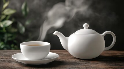 A white teapot pouring hot tea into a matching white cup, steam rising gracefully