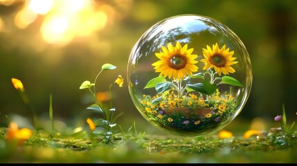 Vibrant sunflower garden encased in a glass sphere nature scene outdoor magical environment close-up view idea of protection and beauty