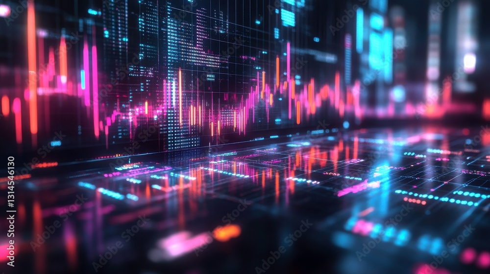 Poster a vibrant digital visualization of data, featuring colorful waveforms and graphs, representing techn