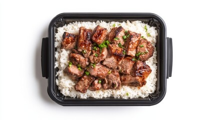 Delicious Grilled Beef on Bed of Rice in Black Plastic Container
