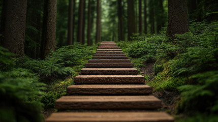 Fototapeta premium serene path leads through lush forest, surrounded by vibrant greenery and tall trees, inviting exploration and tranquility