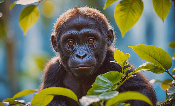 Baby monkey is sitting in a tree with leaves. The monkey is looking at the camera with a smile on its face - Powered by Adobe