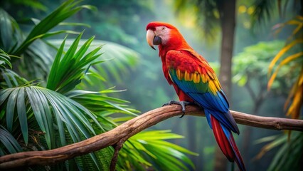 Obraz premium A Vibrant Scarlet Macaw Perched on a Branch Amidst Lush Tropical Foliage