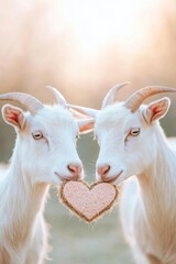 Fototapeta premium Friendly goats enjoy heart-shaped treats in a sunny green pasture
