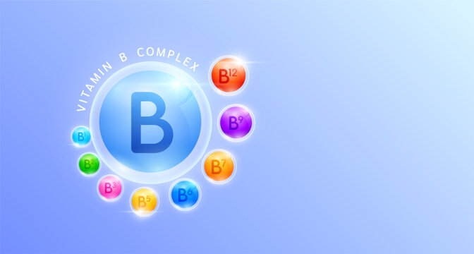 Blue vitamin B complex. Surrounded by ball vitamins varicolored with empty space for text. Used for design dietary supplement products. Medical health care immunity protection concept. Vector.
