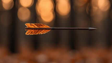 arrow flying through air towards target, showcasing its sharp tip and vibrant fletching against blurred forest background. warm colors evoke sense of adventure and focus
