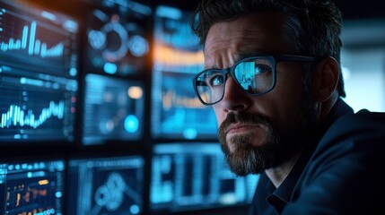 A focused individual wearing glasses analyzes complex data on multiple screens in a dimly lit environment.