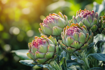 Obraz premium Vibrant green and purple artichokes growing in a sunny garden food leaf on transparent background