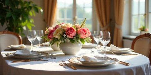 A beautifully set table with fine china, crystal glassware, and fresh flowers as a centerpiece, decoration, formal, celebration