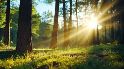 Sunlight filtering through forest trees
