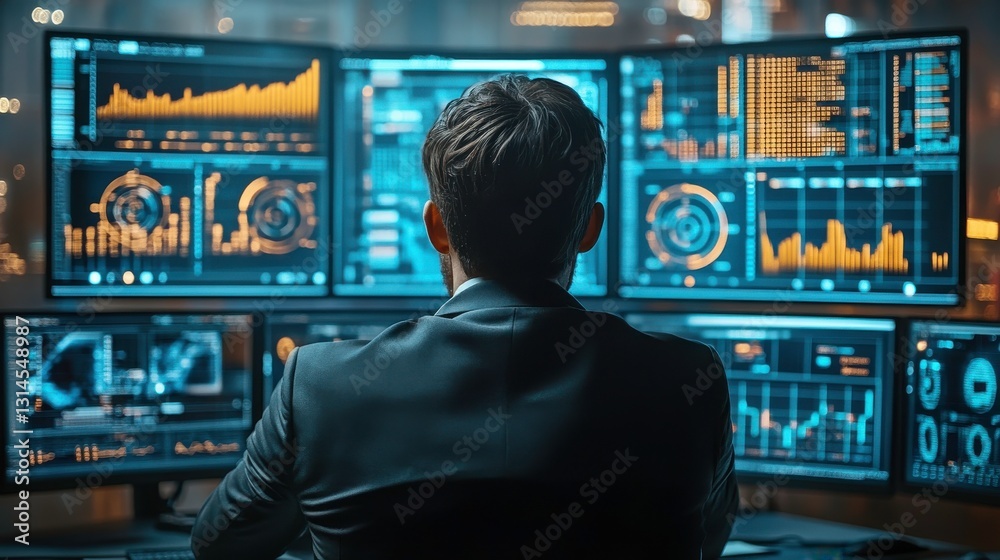 Poster a professional analyzing data on multiple screens, showcasing charts and graphs in a high-tech envir