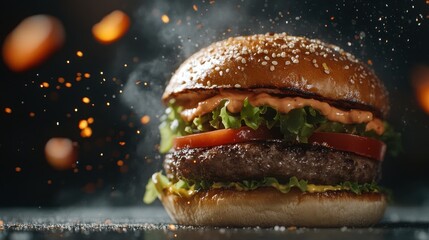 Juicy Hamburger with Fresh Ingredients and Flavorful Toppings
