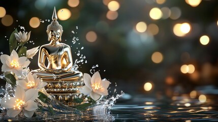 Golden buddha statue surrounded by water lilies serene pond spiritual art tranquil environment close-up view peaceful reflection