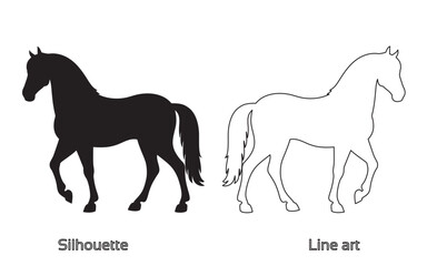 A silhouette of a running horse, hand drawn horse outline illustration