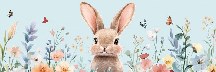 A cute bunny sits amid a colorful display of blooming spring flowers