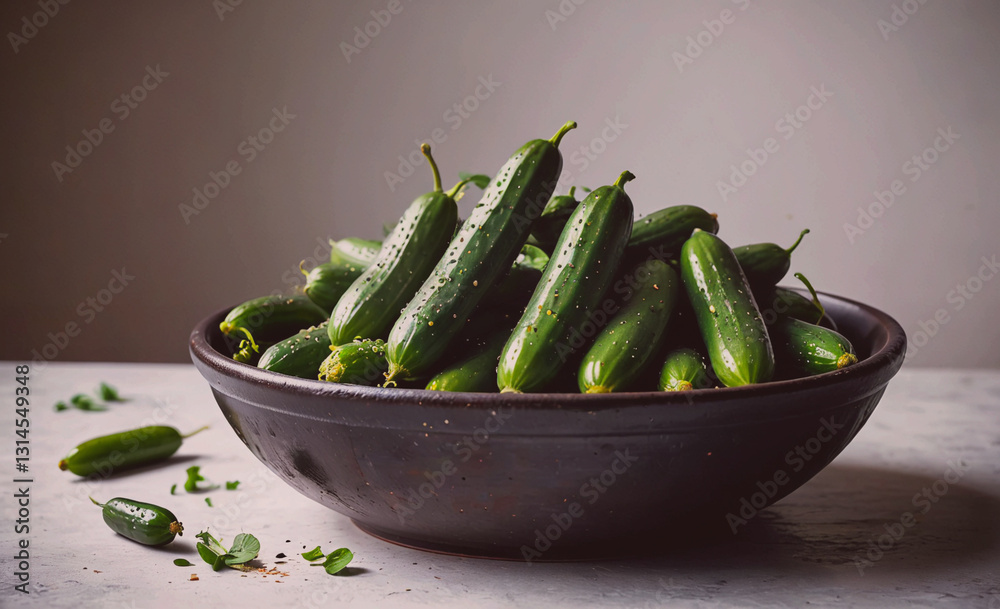 Aufkleber bowl of cucumbers is sitting on a table. the cucumbers are green and have a few seeds on them