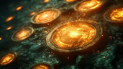 Floating artifacts of glowing coins and mystic shields radiating cosmic energy