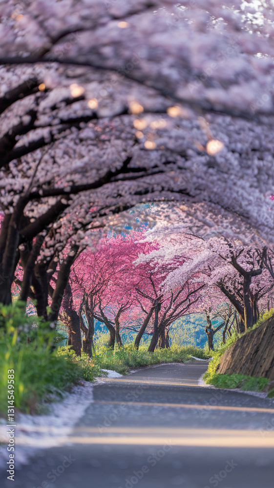 Poster pink and white cherry blossom trees arch over a road, creating a tunnel effect, symbolizing spring, 