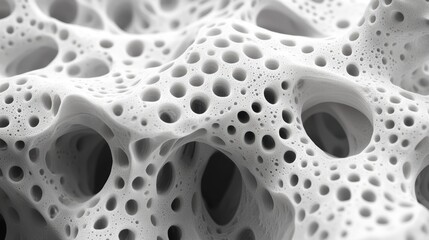 Abstract close-up of intricate white porous structure with varying hole sizes
