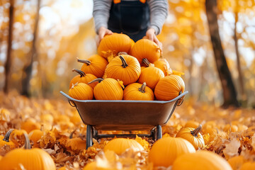 Farmers in a colorful autumn forest collect bright pumpkins, carefully loading them into a wheelbarrow amidst a carpet of fallen leaves, celebrating the harvest season