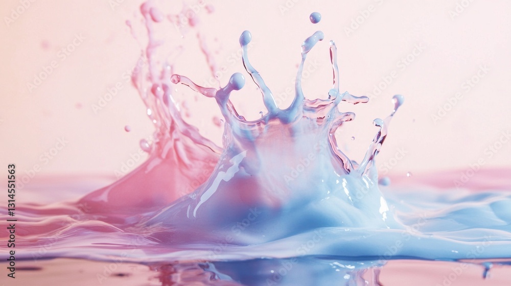 Poster Vibrant pink and blue liquids collide, creating stunning splashes that soar into the air. The artistic interplay captures the essence of creativity and fluid motion in a tranquil setting