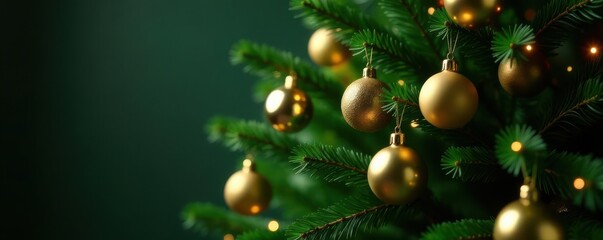A lush green Christmas tree adorned with gleaming gold ornaments , fir tree, holiday, winter holiday
