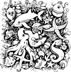 fish, doodle, vector, tattoo, design, illustration, symbol, decoration, tribal, ornament, art, bird, animal, black, element, vintage, floral, skull, pattern, flower, set, sign, logo, silhouette, icon,