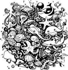 fish, doodle, vector, tattoo, design, illustration, symbol, decoration, tribal, ornament, art, bird, animal, black, element, vintage, floral, skull, pattern, flower, set, sign, logo, silhouette, icon,