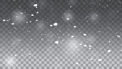 Falling snow on a transparent background. Glowing light effect with lots of shiny particles isolated on transparent background. 