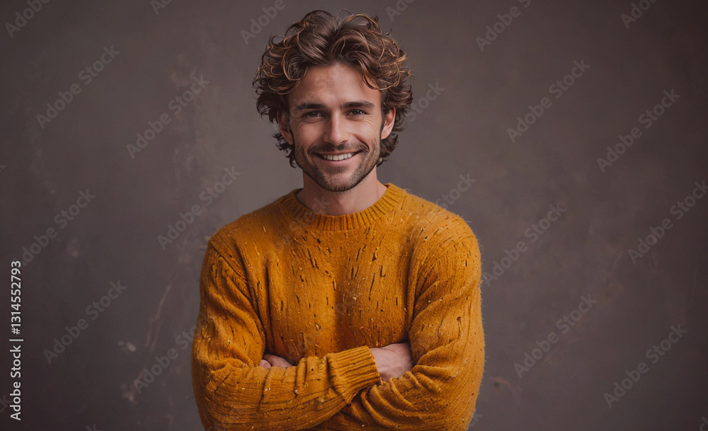 Poster Man in a yellow sweater is smiling and looking at the camera. He is wearing a sweater with a pattern and he is posing for a photo
