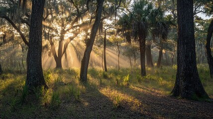 Sunbeams pierce misty forest at dawn (3)