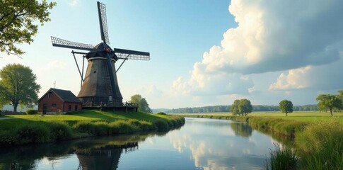 Ancient windmill stands sentinel over tranquil river , nature, picture, stock