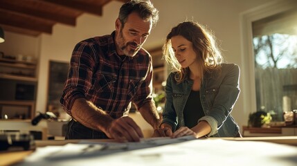 Builders Collaborate in Sunlit Living Room with Design Plans