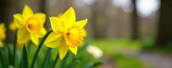 Fototapeta premium Bright yellow daffodil blooms in spring garden , plant, flower garden, garden flowers