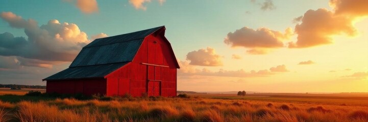 Obraz premium Classic red barn, tall silhouette against sky, photo, scene, rural