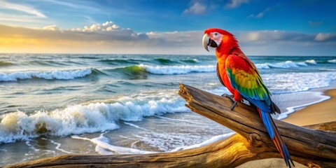 A Vibrant Scarlet Macaw Perched on Sun-Kissed Driftwood Against a Backdrop of Rolling Ocean Waves at Sunset