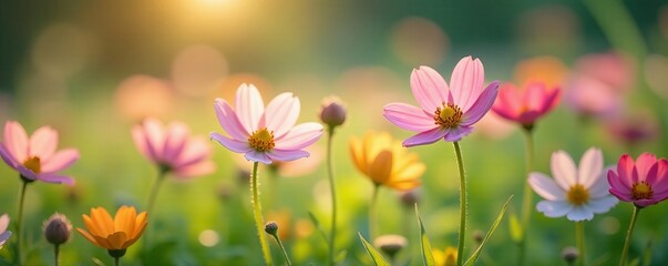 Obraz premium A close-up shot of delicate blooms in a charming meadow, showcasing the beauty of the natural world, wildflowers, meadow, colorful