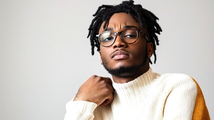 Obraz premium Stylish Young Man with Glasses and Sweater Against Neutral Background